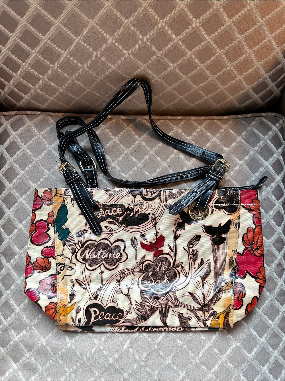 Sakroots Floral Peace Print Canvas Shoulder Bag in Cream, Black, Pink and Yellow